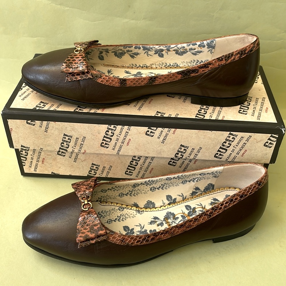Brown/gold Gucc leather flats with box - Picture 2 of 12